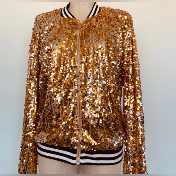 GOLD SEQUENCE DAZZLING BOMBER JACKEY by Anna Kaci. Front Zipper Closure. - Picture 9 of 14